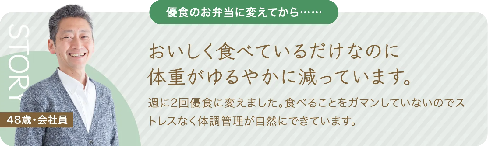 優食のお弁当に変えてから、おいしく食べているだけなのに体重がゆるやかに減っています。週に2回優食に変えました。食べることをガマンしていないのでストレスなく体調管理が自然にできています。48歳・会社員