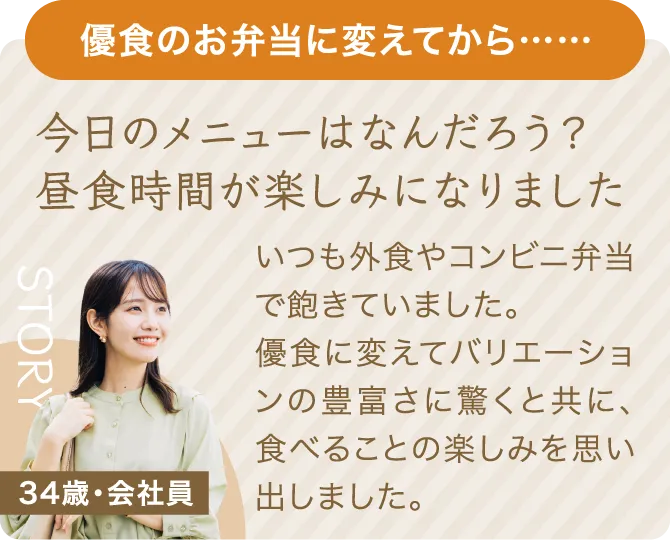 優食のお弁当に変えてから、今日のメニューはなんだろう？昼食時間が楽しみになりました。いつも外食やコンビニ弁当で飽きていました。優食に変えてバリエーションの豊富さに驚くと共に、食べることの楽しみを思い出しました。34歳・会社員